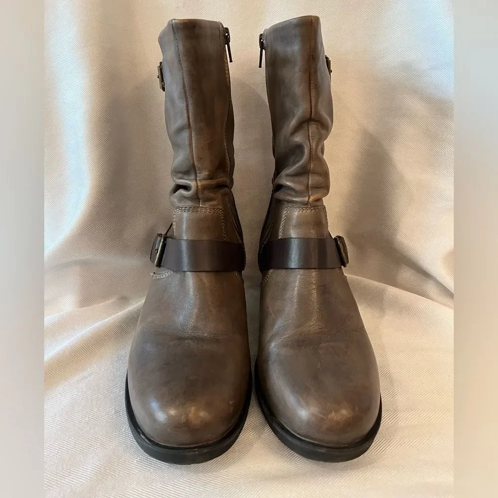 Leather Slouch Ankle Boots Gray Brown Moto Buckle Lug Block‎ Heel SZ 10.5